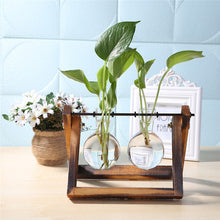 Load image into Gallery viewer, Glass and Wood Vase Planter Terrarium Table Desktop Hydroponics Plant Bonsai Flower Pot Hanging Pots with Wooden Tray Home Decor