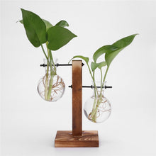 Load image into Gallery viewer, Glass and Wood Vase Planter Terrarium Table Desktop Hydroponics Plant Bonsai Flower Pot Hanging Pots with Wooden Tray Home Decor