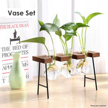 Load image into Gallery viewer, Glass and Wood Vase Planter Terrarium Table Desktop Hydroponics Plant Bonsai Flower Pot Hanging Pots with Wooden Tray Home Decor